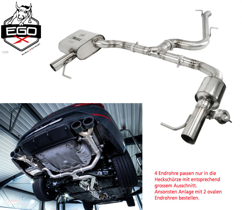 BULL-X Sportauspuff / EGO-X Anlage 76mm ab Kat./OPF für: SEAT Leon ST Cupra 300 4Drive - 5F / 2.0TSI - 221 kW, mit OPF / erhältliche Endrohre: Oc,COc,14,COa / Endrohre 2x oval, poliert sind inkl.