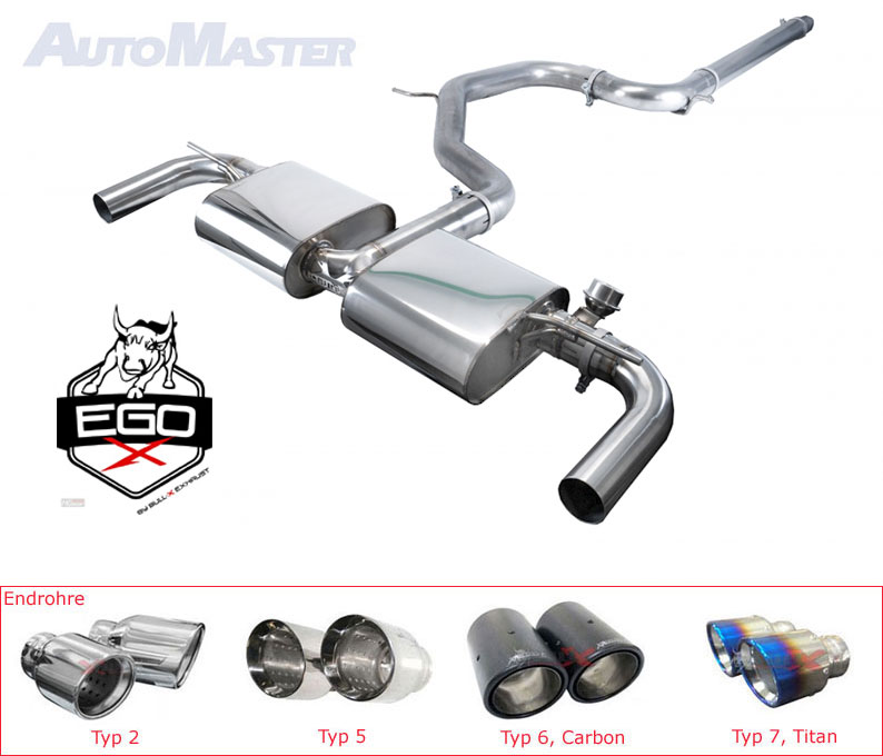 BULL-X Sportauspuff / EGO-X Anlage 76mm ab Kat./OPF für: SEAT Leon Cupra 290 - 5F / 2.0TSI - 213 kW, mit OPF / erhältliche Endrohre: 2c,5b,6c,6b,7c,Oc,COc / Endrohre poliert sind inklusive