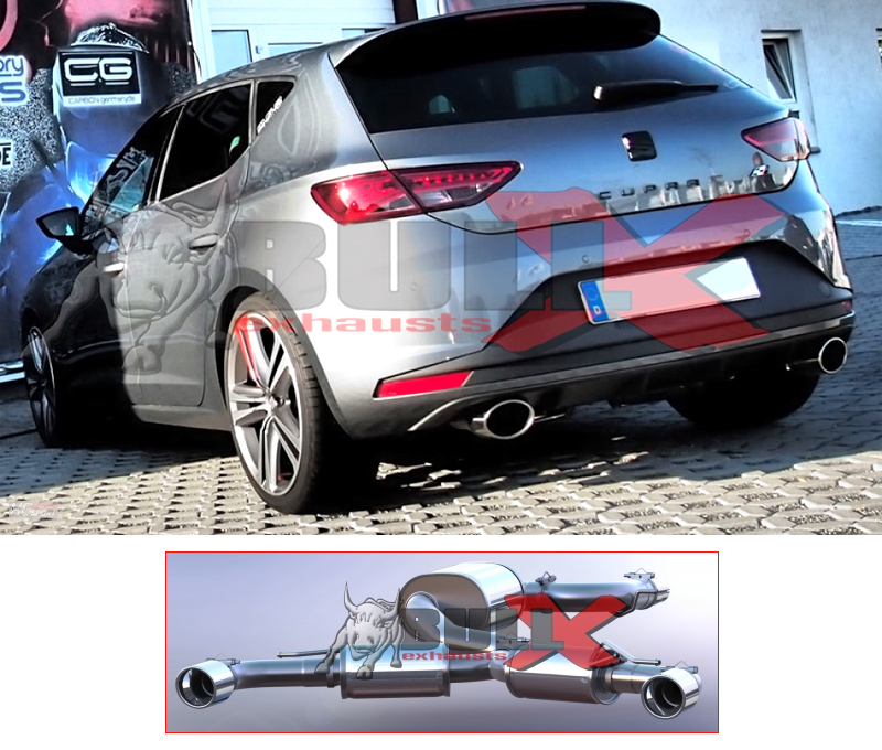 BULL-X Sportauspuff Edelstahl / Anlage 76mm Y-Style ab Kat. für: SEAT Leon Cupra 280,290 - 5F / 2.0TFSI - 206,213 kW /  erhältliche Endrohre: 2c,2d,5b,5c,6b,6c,7b,7c,Ob,Oc,COc