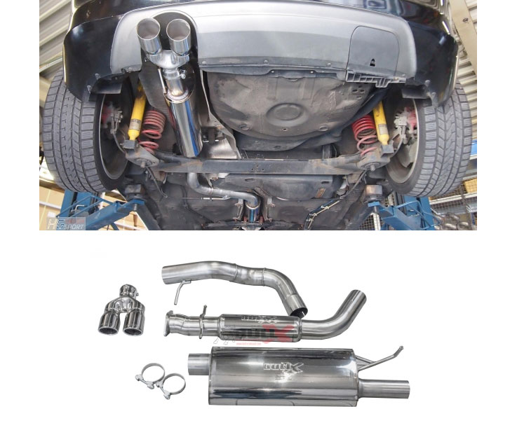 BULL-X Sportauspuff / Anlage 76mm ab Kat. für: SEAT Leon Cupra R - 1M /  1.8T - 154,165 kW /  erhältliche Endrohr-Typen: 10, 10 versetzt, 11, 11 versetzt (ohne Aufpreis) + Titan 16, 17 (Aufpreis je Fr. 125.-).