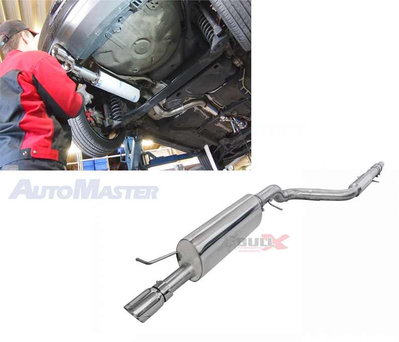 BULL-X Sportauspuff / Anlage 76mm ab Kat. für: VW Golf 4 / 1.8T - 110,132 kW / Endrohr 2x 76mm eingerollt oder scharf / passend zu VR6-Heckschürze / weitere Endrohre erhältlich, auch passend zu Jubi-Heck (ER 1x 89mm) oder unsichtbare ER.