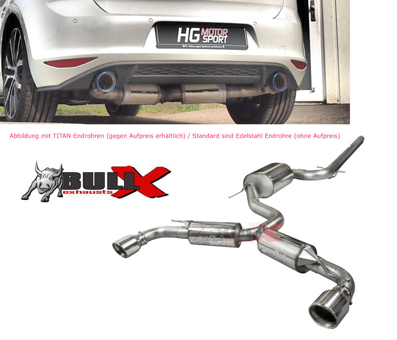 BULL-X Sportauspuff Edelstahl / Anlage 76mm Y-Style ab Kat. für: VW Golf 7 GTI - AU / 2.0TFSI - 162,169,195 kW /  erhältliche Endrohre: 2b,2c,5b,6b,6c,7b,7c