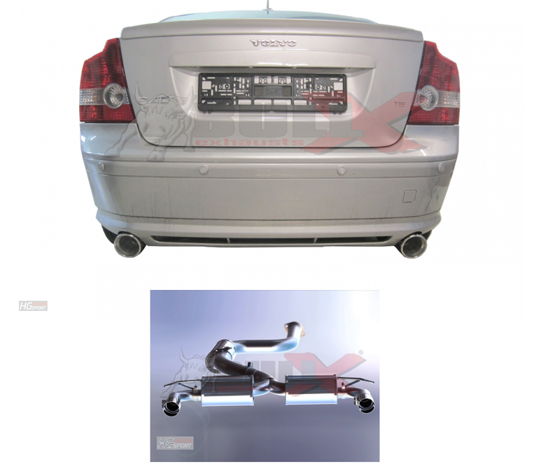 BULL-X Sportauspuff Edelstahl / Anlage 76mm Y-Style ab Kat. für: VOLVO S40 T5, V50 T5 - 2WD / 2004-12 / 2.5T - 162,169 kW / erhältliche Endrohre: 2b,2c,5a,5b,6b,6c,7b,7c / Hinweis: Passt NICHT für Fahrzeuge mit Reserveradmulde.