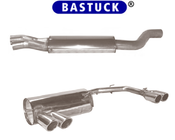 BASTUCK Sportauspuff / Duplex-Anlage ab Kat. für: BMW E82,E88 / 125i,135i / 160,225kW | Endrohre: 4x 76 rund eingerollt, 20° schräg / Hinweis: nur zu M-Stossstange + mit BASTUCK Heckschürzen-Einsatz passend.