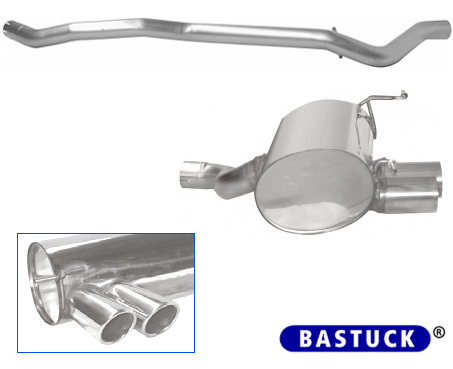 BASTUCK Sportauspuff / Anlage 70mm ab Kat. für: BMW 118d,120d - E82,E88 / 120,130kW | Endrohre: 2x 76 rund eingerollt, 20° schräg