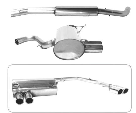 BASTUCK Sportauspuff / Duplex-Anlage ab Kat. für: BMW E90,91,92,93 / 325i,330i / bis 2.07 | Endrohre:  4x 76 rund eingerollt schräg / Kann nur bei Fahrzeugen ohne M-Heckschürze montiert werden. Der Heckschürzen-Ansatz BMWE90-HE1 ist mit zu verwenden.