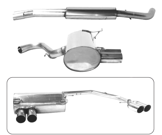BASTUCK Sportauspuff / Duplex-Anlage ab Kat. für: BMW E90,91,92,93 / 325i,330i / bis 2.07 | Endrohre: 4x 76 rund angeschrägt / Kann nur bei Fahrzeugen ohne M-Heckschürze montiert werden. Der Heckschürzen-Ansatz BMWE90-HE1 ist mit zu verwenden.