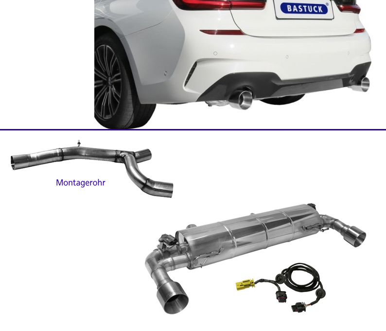 BASTUCK Klappen-Auspuff / Duplex-Anlage 85mm ab Kat. für: BMW 320i, 330i - G20 /  2.0T -  125,135,190 kW | Endrohre: 2x 100 rund - mit Klappe, für Fahrzeuge ohne M-Paket