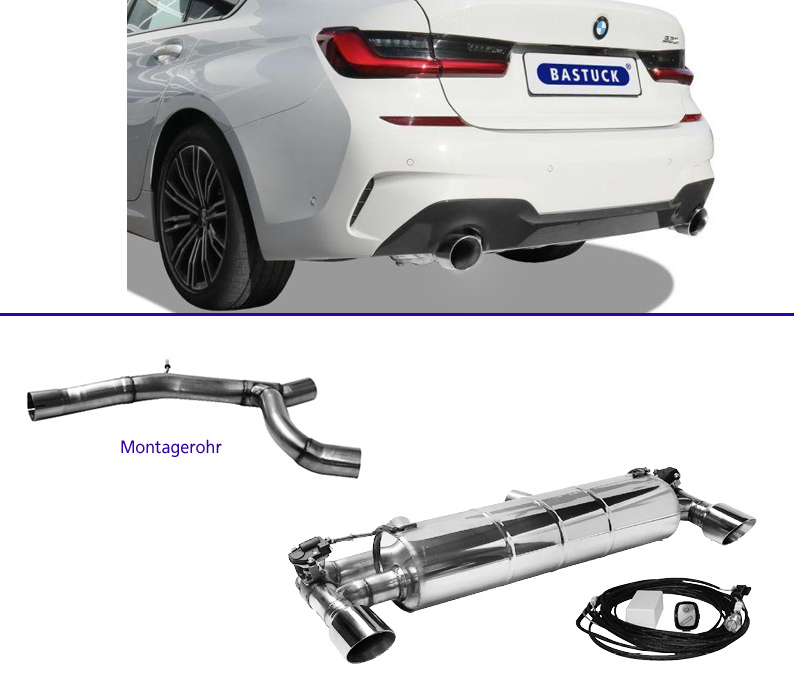 BASTUCK Klappen-Auspuff / Duplex-Anlage 85mm ab Kat. für: BMW 320i, 330i - G20 /  2.0T -  125,135,190 kW | Endrohre: 2x 100 rund, schräg - mit Klappe, für Fahrzeuge ohne M-Paket