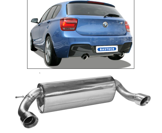 BASTUCK Sportauspuff / Duplex-ESD für: BMW F20,F21 / 114i,116i,118i - 75,100,125 kW  | Endrohre: 2x 90 'Race' schräg  / Hinweis: mit Montagerohr