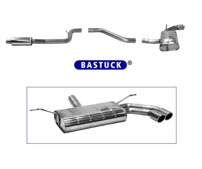BASTUCK Sportauspuff / Anlage 70mm ab Kat./OPF für: FORD Focus - DEH, ST-Line / 1.0 Ecoboost - 92 kW + 1.5 EcoBoost - 111,134 kW | Endrohre: 2x 76 rund eingerollt, 20° schräg