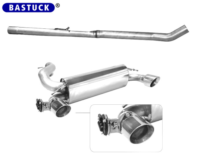 BASTUCK Klappen-Auspuff / Duplex-Anlage 76mm ab Kat. für: FORD Focus RS - DYB / 2.3T - 257 kW | Endrohre: 2x 100 poliert / mit GPS-gesteuerter Klappe (ist über 70 km/h offen).