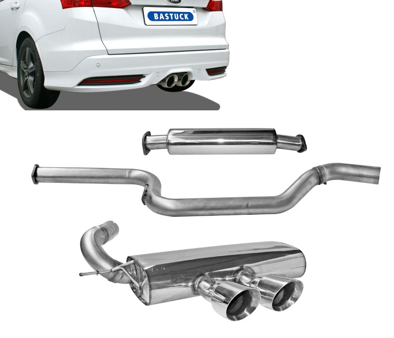 BASTUCK Sportauspuff / Anlage 70mm ab Kat. für: FORD Focus ST / 2.0T - 184 kW | Endrohre: 2x 100 'Race', rund, mittig