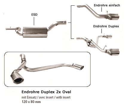 BASTUCK Sportauspuff / Duplex-ESD für: FORD Focus + C-Max  1.4 - 2.0  | Endrohre: 2x 120x80 mm oval eingerollt