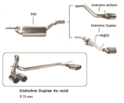 BASTUCK Sportauspuff / Duplex-ESD für: VOLVO  S40 + V50  1.6, 1.8, 2.0D  | Endrohre: 4x 76 mm rund eingerollt angeschrägt