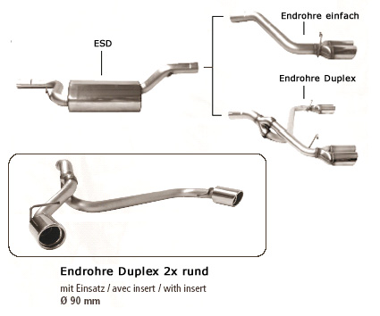 BASTUCK Sportauspuff / Duplex-ESD für: VOLVO  S40 + V50  1.6, 1.8, 2.0D  | Endrohre: 2x 90 mm rund eingerollt
