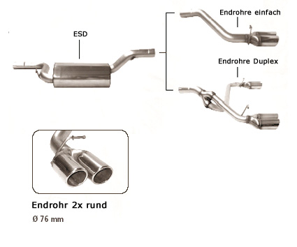 BASTUCK Sportauspuff / ESD für: VOLVO  S40 + V50  1.6, 1.8, 2.0D  | ESD mit Endrohren 2x 76 mm rund eingerollt angeschrägt