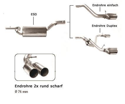 BASTUCK Sportauspuff / ESD für: FORD Focus + C-Max  1.4 - 2.0  | Endrohre: 2x 76 rund scharf
