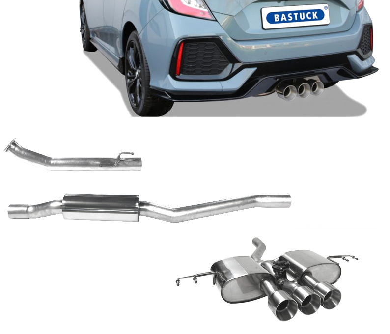 BASTUCK Klappen-Auspuff / Anlage 70mm ab Kat. für: HONDA Civic 1.5 VTEC Turbo - FK7 / 1.5T - 134 kW | Endrohre: 3 x 100 mittig, im RACE Look / mit GPS-gesteuerter Klappe (ist über 70 km/h offen).