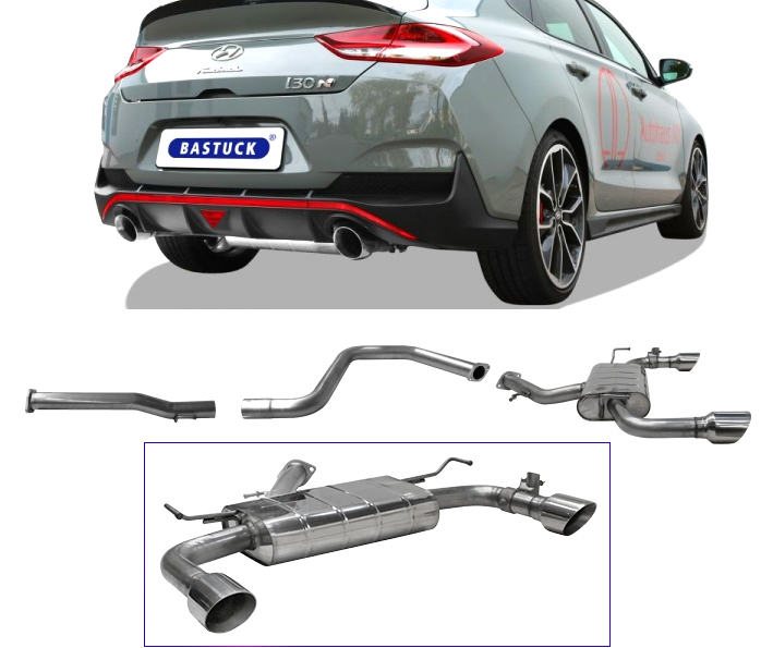 BASTUCK Sportauspuff / Duplex-Anlage 70mm ab Kat./OPF für: HYUNDAI i30 Fastback N Performance - PDE /  2.0T - 202 kW, mit OPF  |  Endrohre: 2x 100 rund, schräg - mit Klappe