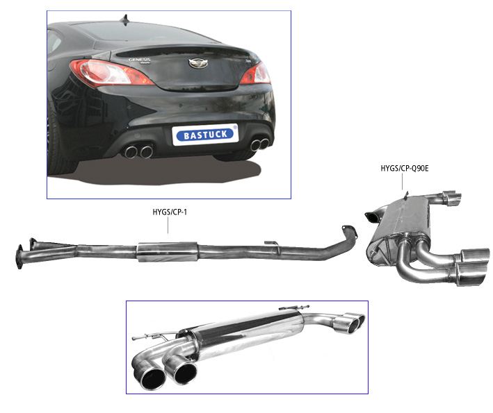 BASTUCK Sportauspuff / Duplex-Anlage ab Kat. für: HYUNDAI Genesis Coupé V6 3.8 - 223,255 kW |  Endrohre:  4x 90 rund, abgesetzt