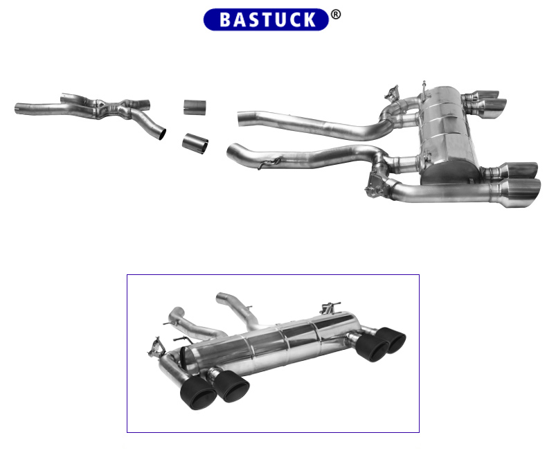 BASTUCK Sportauspuff / Duplex-Anlage 2x 70mm ab Kat./OPF für: BMW M2 Comp. - F87 / 3.0T - 302 kW, mit OPF | Endrohre: 4x 100 rund - 'Race' Carbon, schräg