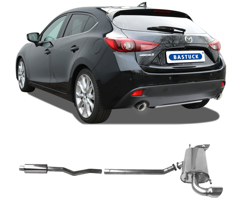 BASTUCK Sportauspuff / Duplex-Anlage ab Kat. für: MAZDA 3 - BM, Hatchback / Skyactiv G100, G120, G165 | Endrohre: 2x 90 'Race' schräg