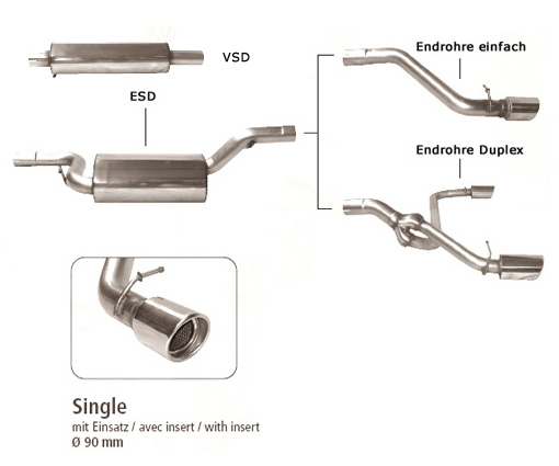 BASTUCK Sportauspuff / Anlage 63,5mm ab Kat. für: MAZDA 3 - BK / 1.4 - 2.0, 1.6D |  Endrohre: mit 1x 90 mm rund eingerollt angeschrägt