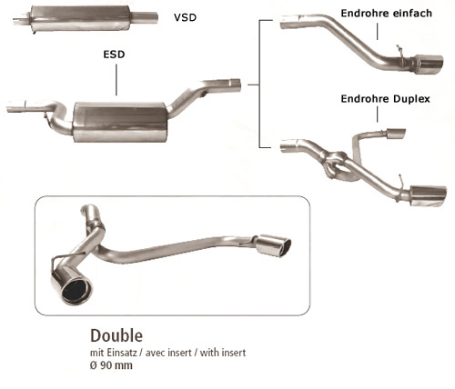 BASTUCK Sportauspuff / Anlage 63,5mm ab Kat. für: MAZDA 3 - BK / 1.4 - 2.0, 1.6D |  Endrohre: 2x 90 mm rund eingerollt angeschrägt