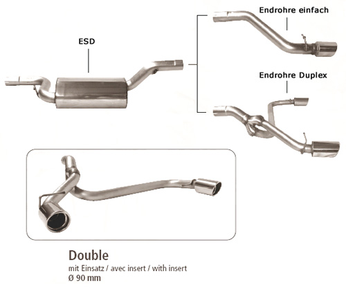 BASTUCK Sportauspuff / Duplex-ESD für: MAZDA 3 - BK / 1.4 - 2.0, 1.6D |  Endrohre: 2x 90 mm rund eingerollt angeschrägt