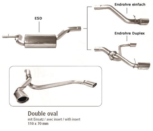 BASTUCK Sportauspuff / Duplex-ESD für: MAZDA 3 - BK / 1.4 - 2.0, 1.6D |  Endrohre: 2x 110x70 mm oval eingerollt angeschrägt