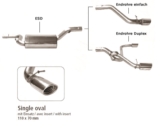 BASTUCK Sportauspuff / ESD für: MAZDA 3 - BK / 1.4 - 2.0, 1.6D |  Endrohre: 1x 110x70 oval eingerollt angeschrägt