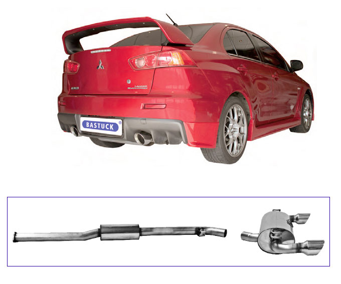 BASTUCK Sportauspuff / Duplex-Anlage ab Kat. für: MITSUBISHI Lancer Evo 10  |  Endrohre:  2x 100 rund Race, schräg / Info: Leistungssteigerung um 14 kW (19 PS) + 12 Nm