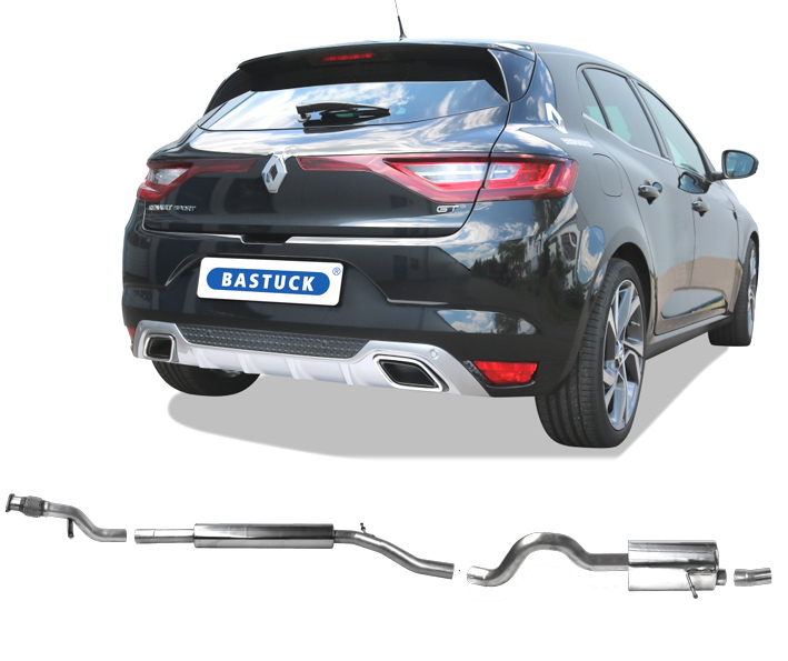 BASTUCK Sportauspuff / Anlage 70mm ab Kat. für: RENAULT Mégane, incl. GT / 1.6TCE - 121,151 kW | Endrohr: unsichtbar, Optik bleibt original