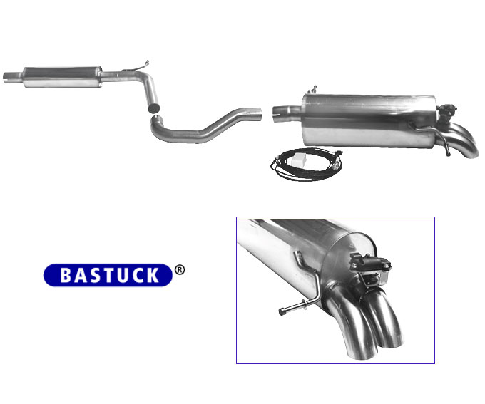 BASTUCK Klappen-Auspuff / Anlage 63,5mm ab Kat. für: SEAT Ibiza FR - 6F,KJ / 1.5TSI - 110 kW | Endrohre: 2x 63, nach unten gebogen (unsichtbar) / mit GPS-gesteuerter Klappe (ist über 70 km/h offen).