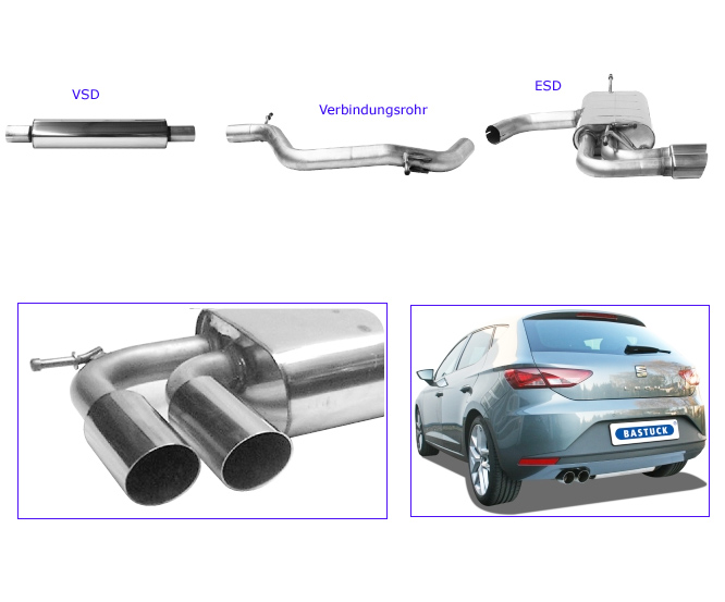 BASTUCK Sportauspuff / Anlage 70mm ab Kat. für: SEAT Leon - 5F, incl. SC / 1.4TSI,1.8TSI - 90,103,132 kW  | Endrohre: 2x 76 scharf,schräg