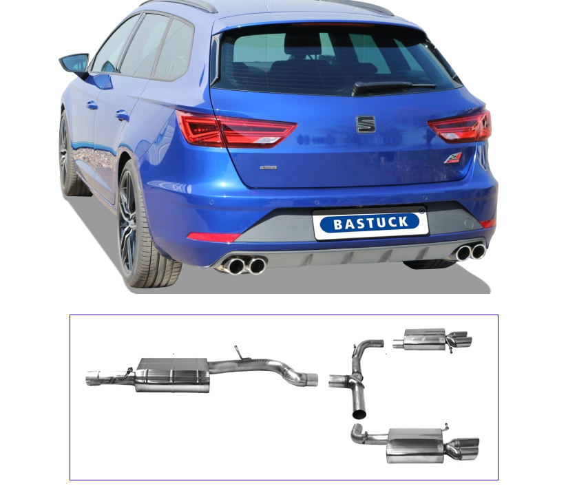 BASTUCK Sportauspuff / Duplex-Anlage 70mm ab Kat. für: SEAT Leon ST Cupra 4Drive - 5F / 2.0TSI - 195,206,213,221,228 kW |  Endrohre: 4x76 rund eingerollt, schräg