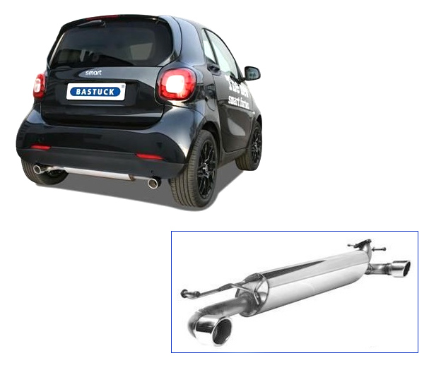 BASTUCK Sportauspuff / Duplex-ESD für: SMART Fortwo - 453 /  0.9, 1.0 -  66,45,52 kW  | Endrohre: 2x 76 rund, schräg / inkl. Verbindungs-Rohr RETW3-VB  |  Hechschürze muss ausgeschnitten werden