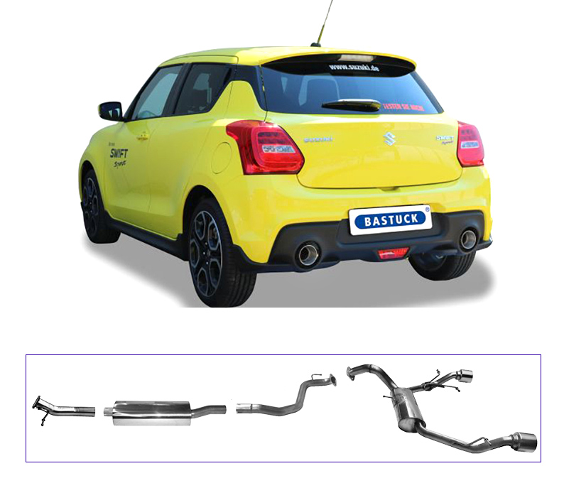 BASTUCK Sportauspuff / Duplex-Anlage 63,5mm ab Kat. für: SUZUKI Swift Sport - AZ / 1.4T - 103 kW | Endrohre:  2x 100 rund, Race-Look