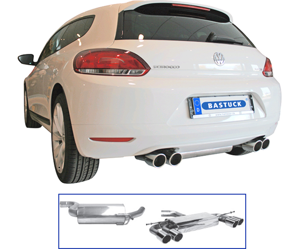 BASTUCK Sportauspuff / Duplex-Anlage 70mm ab Kat. für: VW Scirocco - 13 / 1.4TSI, 2.0TSI / 90,110,118,132,147,155,162 kW  | Endrohre: 4x 90 rund angeschrägt