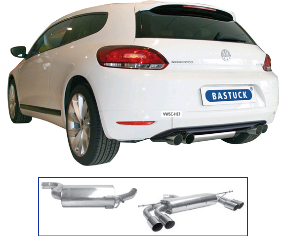 BASTUCK Sportauspuff / Duplex-Anlage 70mm ab Kat. für: VW Scirocco - 13 / 1.4TSI, 2.0TSI / 90,110,118,132,147,155,162 kW  | Endrohre: 4x 76 rund angeschrägt