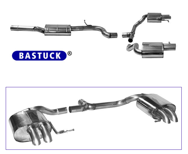 BASTUCK Sportauspuff / Duplex-Anlage 70mm ab Kat. für: VW Passat - B8, 4motion / 1.4TSI, 2.0TSI - 110,200,206 kW, ohne/mit OPF  | Endrohre: 4x 63 rund / passend für R-Line Heckschürze mit geschlossenen Blenden