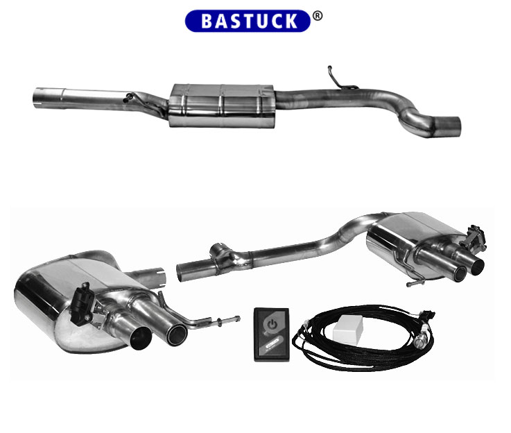BASTUCK Klappen-Auspuff / Duplex-Anlage 70mm ab Kat. für: VW Passat - B8, 4motion / 1.4TSI, 2.0TSI - 110,200,206 kW, ohne/mit OPF | Endrohre: 4x 57 rund / passend für R-Line Heckschürze mit offenen Blenden