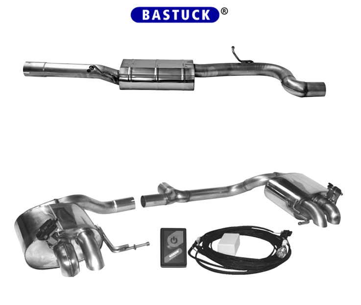 BASTUCK Klappen-Auspuff / Duplex-Anlage 70mm ab Kat. für: VW Passat - B8, 4motion / 1.4TSI, 2.0TSI - 110,200,206 kW, ohne/mit OPF | Endrohre: 4x 63 rund / passend für R-Line Heckschürze mit geschlossenen Blenden