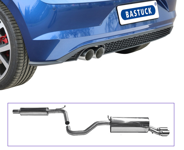 BASTUCK Sportauspuff / Anlage 63,5mm ab Kat. für: VW Polo GTI - AW /  2.0TSI - 147 kW, ohne OPF | Endrohre: 2x 76 rund, schräg