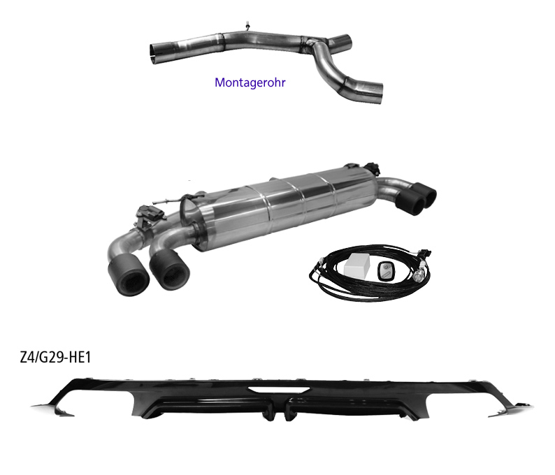 BASTUCK Sportauspuff / Duplex-Anlage 70mm ab Kat. für: BMW Z4 sDrive 20i, 30i - G29 /  2.0T -  120,145,190 kW | Endrohre: 4x 90 rund, Carbon - mit Klappe, für Fahrzeuge mit M-Paket - inkl. Heckschürzen-Ansatz Z4/G29-HE1