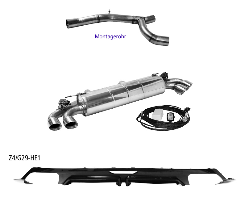BASTUCK Klappen-Auspuff / Duplex-Anlage 70mm ab Kat. für: BMW Z4 sDrive 20i, 30i - G29 /  2.0T -  120,145,190 kW | Endrohre: 4x 90 rund - mit Klappe, für Fahrzeuge mit M-Paket - inkl. Heckschürzen-Ansatz Z4/G29-HE1