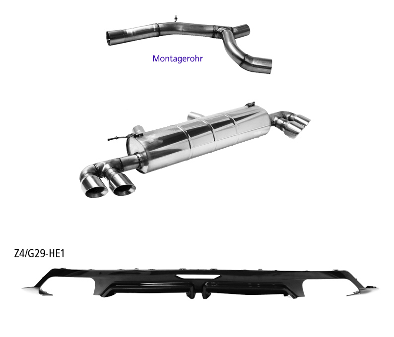 BASTUCK Sportauspuff / Duplex-Anlage 70mm ab Kat. für: BMW Z4 sDrive 20i, 30i - G29 /  2.0T -  120,145,190 kW | Endrohre: 4x 90 rund - ohne Klappe, für Fahrzeuge mit M-Paket - inkl. Heckschürzen-Ansatz Z4/G29-HE1