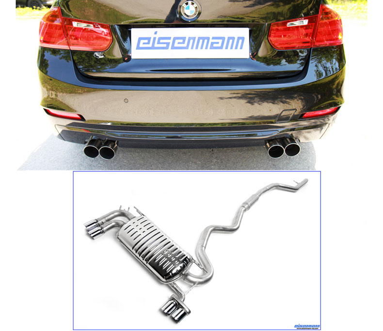 EISENMANN Sportauspuff / Duplex-Anlage ab Kat. für: BMW 328i/ix - F30,F31 /  2.0T - 180 kW (Motor N20) | Endrohre: 4x 76mm rund | Getriebe-Typ angeben bei der Bestellung, nicht passend mit AHK / mit Klappe