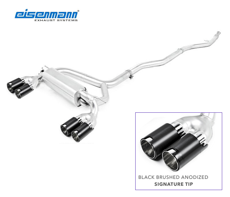 EISENMANN Sportauspuff / Duplex-Anlage ab Kat. für: BMW M2 - F87 / 3.0T - 272 kW | Endrohre: 4x 90mm, matt-schwarz, anodisiert, mit Logo / mit Klappe